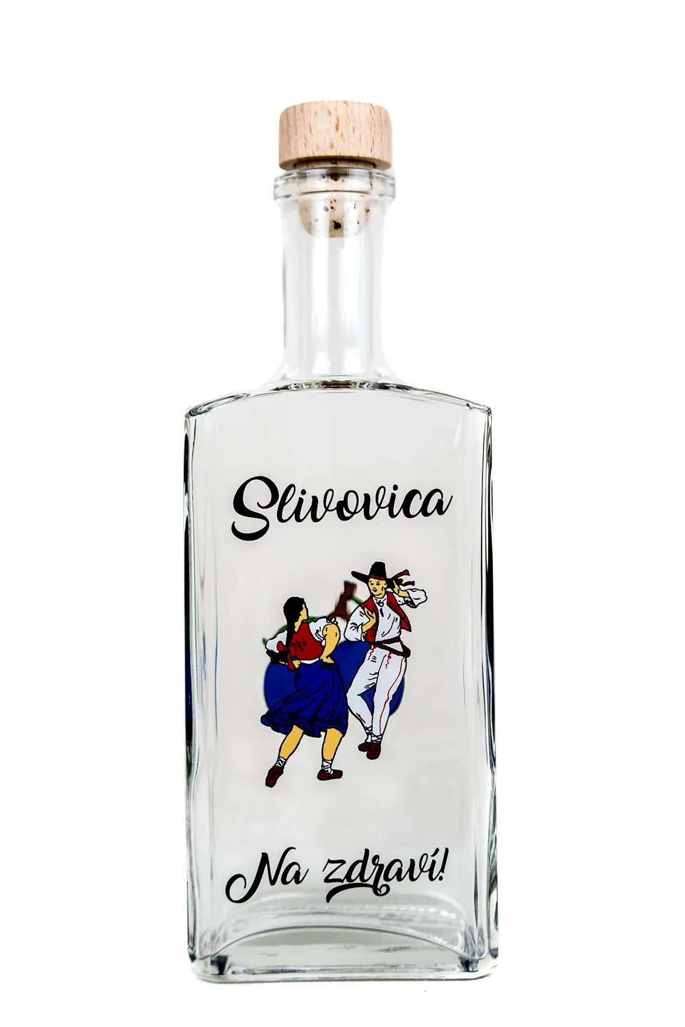Hranatá lahev Slivovica, tančící pár